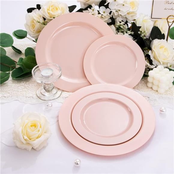 60PCS Pink Plastic Plates - Heavy Duty Pink Dinner Plates Disposable for Party - Picture 2 of 7